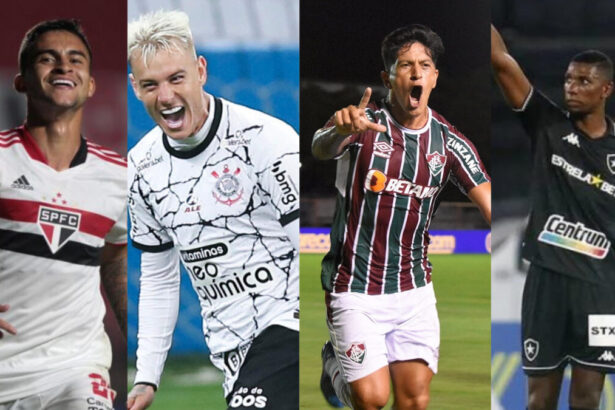 Rodrigo Nestor (São Paulo), Roger Guedes (Corinthians), Cano (Fluminense) e Kanu (Botafogo) em uma montagem