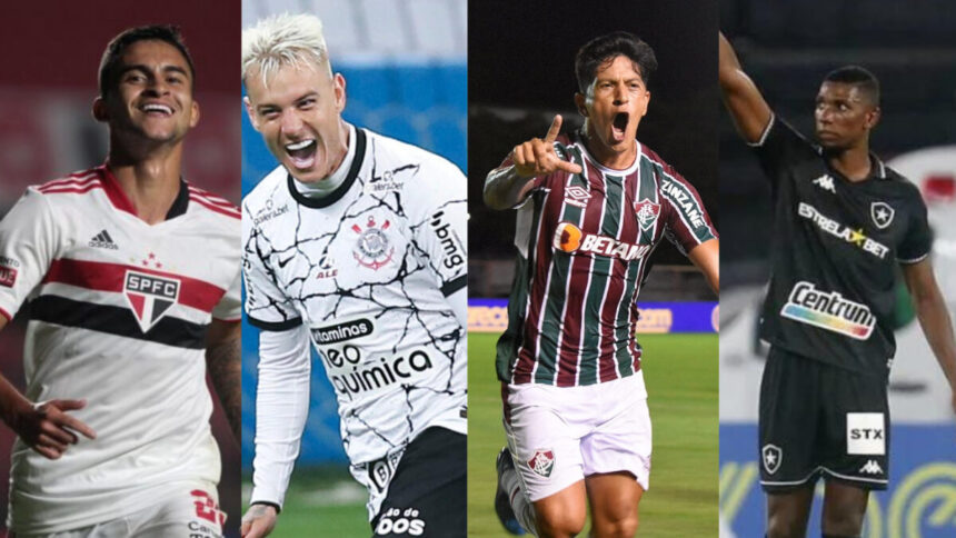 Rodrigo Nestor (São Paulo), Roger Guedes (Corinthians), Cano (Fluminense) e Kanu (Botafogo) em uma montagem