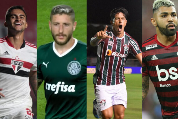 Rodrigo Nestor (São Paulo), Gustavo Gomes (Fluminense), Cano (Fluminense) e Gabigol (Flamengo) em uma montagem