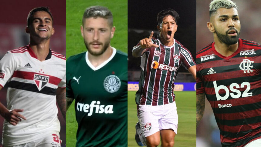 Rodrigo Nestor (São Paulo), Gustavo Gomes (Fluminense), Cano (Fluminense) e Gabigol (Flamengo) em uma montagem