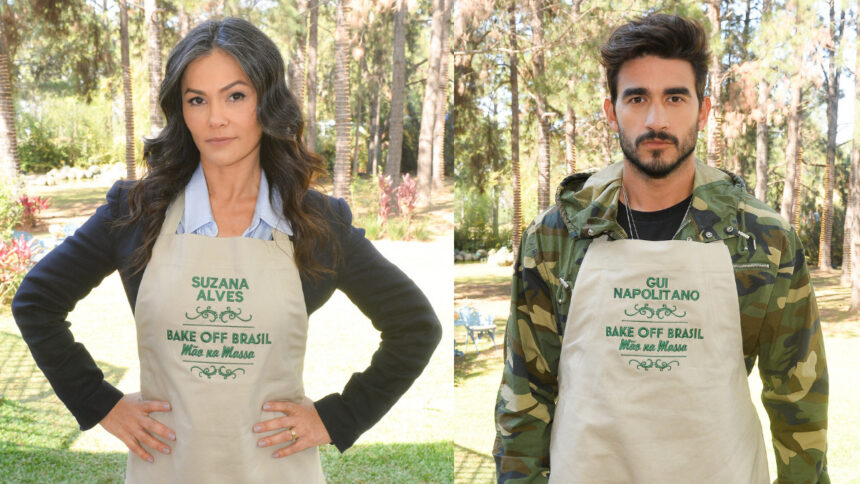 Suzana Alves e Gui Napolitano no jardim do Bake Off