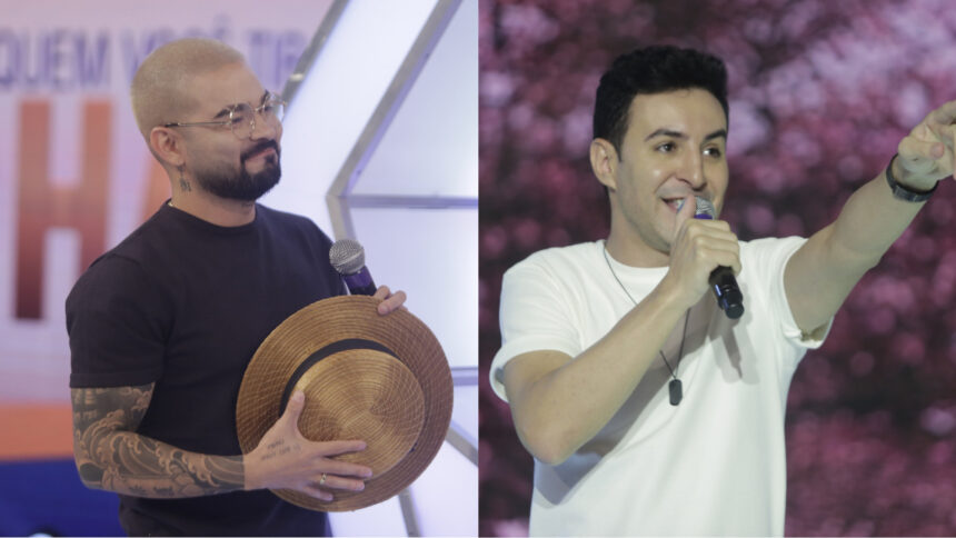 Yudi Tamashiro com um chapéu na mão e Leandro Borges cantando. Montagem dos dois no estúdio do Programa Raul Gil