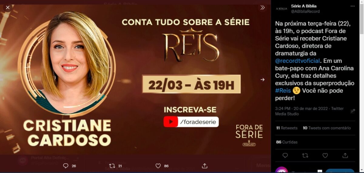 Cristiane Cardoso em anúncio sendo divulgada como diretora de dramaturgia