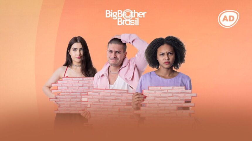 Jade, Arthur e Jessilane segurando uma parede em relação ao paredão do BBB 22.