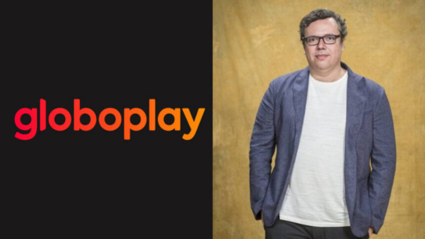 Logo do globoplay e ao lado o autor d enovelas João Emanuel Carneiro