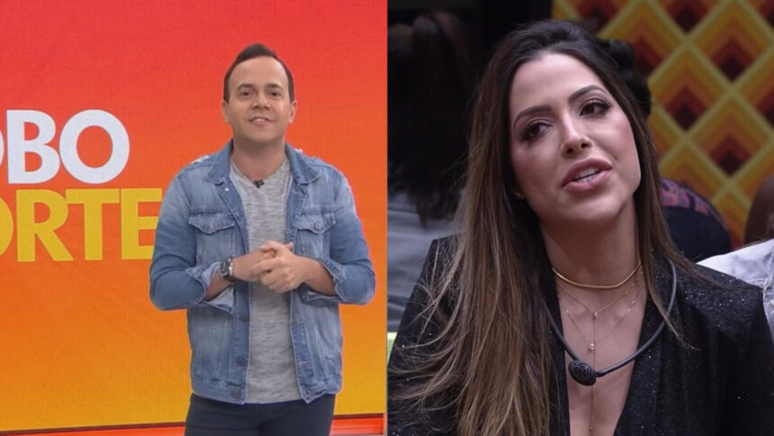 Tiago Medeiros no cenário do Globo Esporte e Laís no cenário dp BBB 22