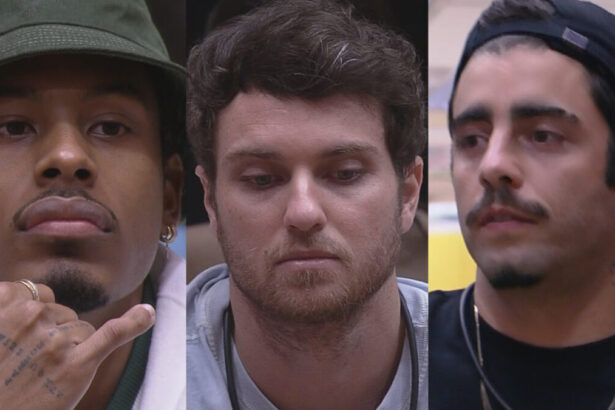 Paulo André, Lucas e Pedro Scooby no sofá do BBB 22