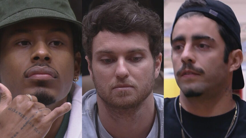 Paulo André, Lucas e Pedro Scooby no sofá do BBB 22