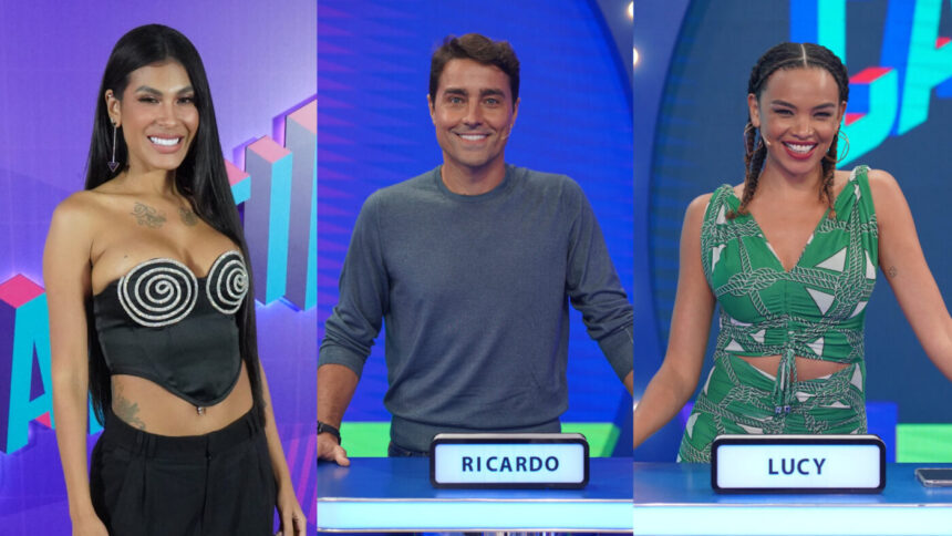 Pocah, Ricardo Pereira e Lucy Ramos em uma montagem. Bastidores do Caldeirão de 02 de abril