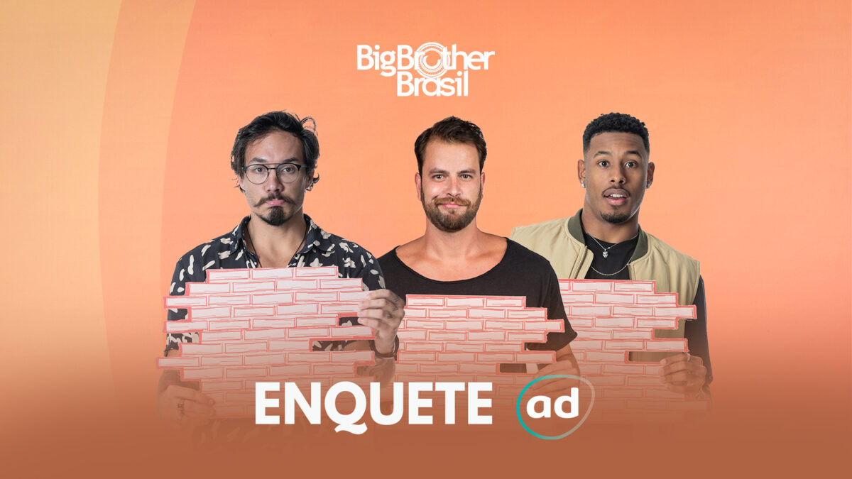 Arte gráfica da enquete do Paredão comElizer, Gustavo e Paulo André
