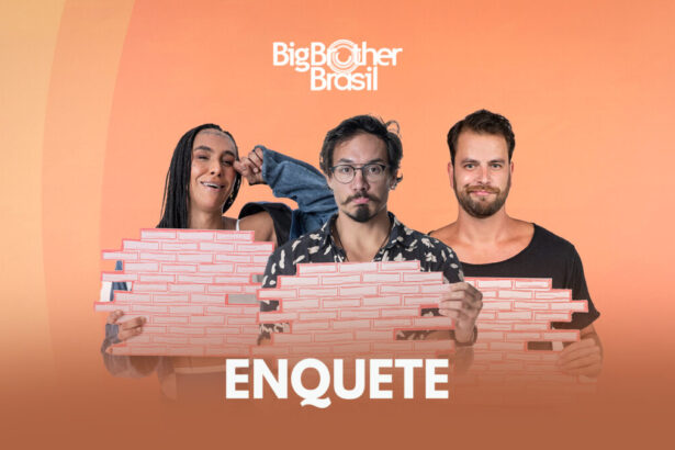 Arte para enquete com Linn da Quebrada, Eliezer e Gustavo segurando o murinho que representa o Paredão do BBB 22