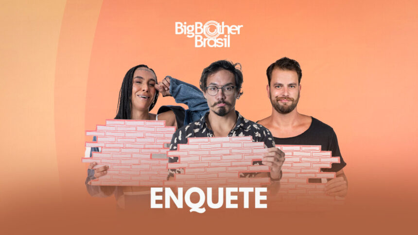 Arte para enquete com Linn da Quebrada, Eliezer e Gustavo segurando o murinho que representa o Paredão do BBB 22