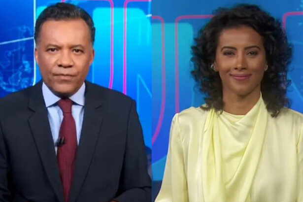 Heraldo Pereira e Aline Midlej em montagem na bancada do Jornal Nacional