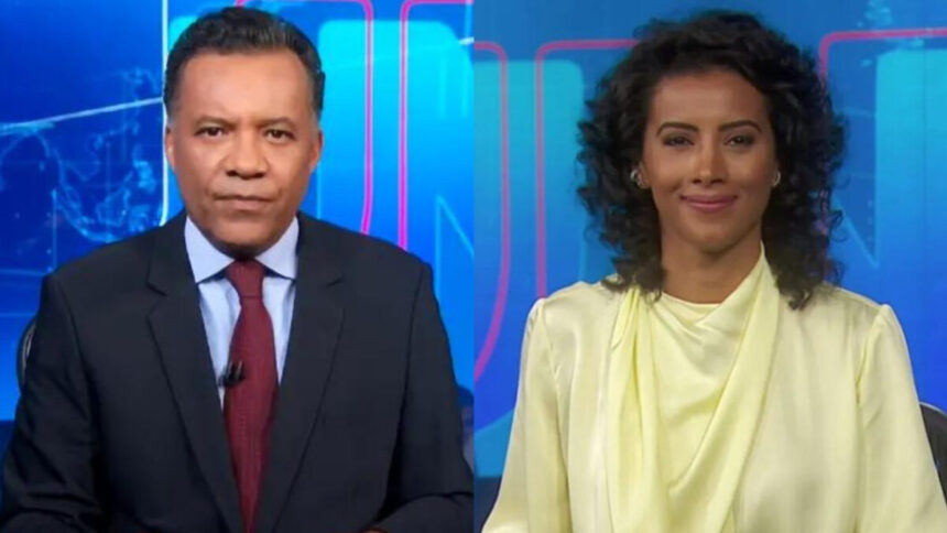 Heraldo Pereira e Aline Midlej em montagem na bancada do Jornal Nacional