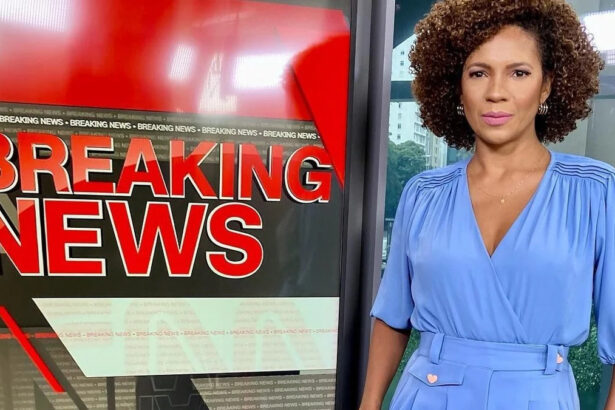 Luciana Barreto nos estúdios da CNN Brasil, em frente ao telão com a frase Breaking News