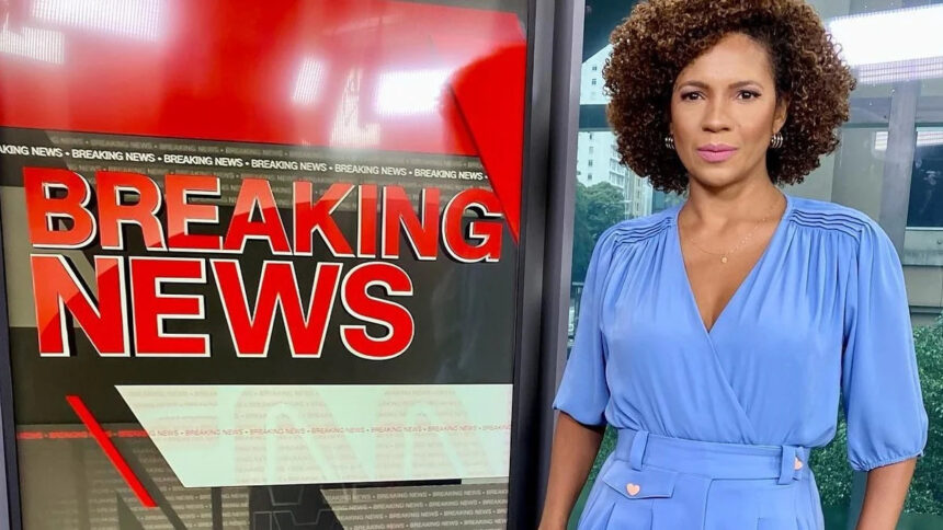 Luciana Barreto nos estúdios da CNN Brasil, em frente ao telão com a frase Breaking News