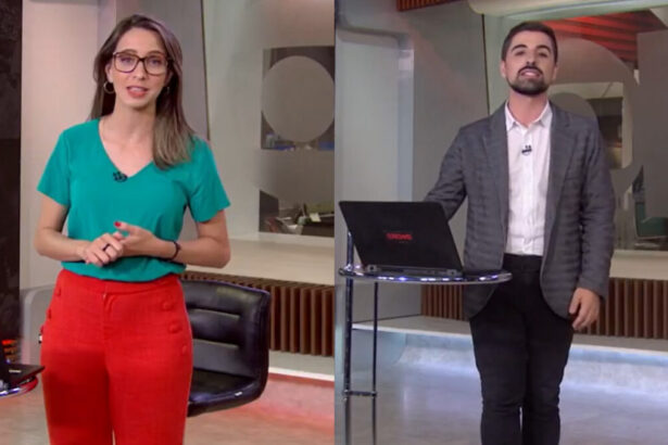 Narayanna Borges e Mateus Marques, em uma montagem. Ambos em pé, nos estúdios da GloboNews no Rio de Janeiro