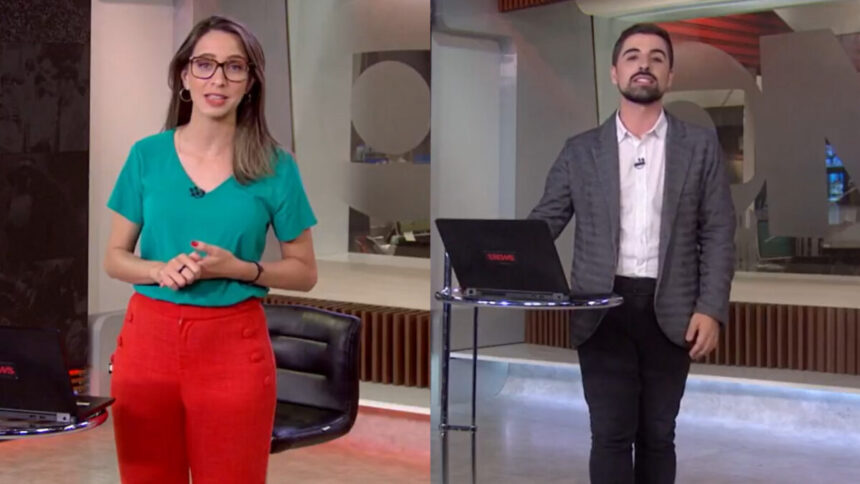 Narayanna Borges e Mateus Marques, em uma montagem. Ambos em pé, nos estúdios da GloboNews no Rio de Janeiro