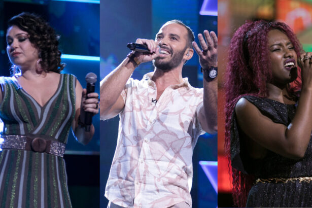 Montagem com cantores Nazaré, Gui Valença e Libna se apresentando no palco do Canta Comigo 4