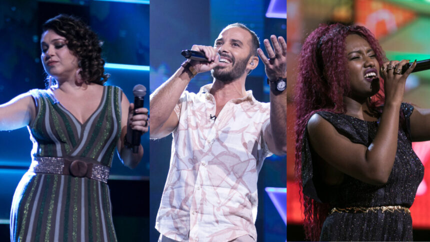Montagem com cantores Nazaré, Gui Valença e Libna se apresentando no palco do Canta Comigo 4