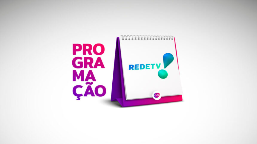 Arte gráfica da programação da RedeTV! com o logo da emissora em cima de um calendário
