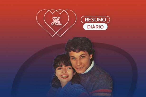 Arte gráfica do resumo diário da novela Amor com Amor se Paga no canal Viva