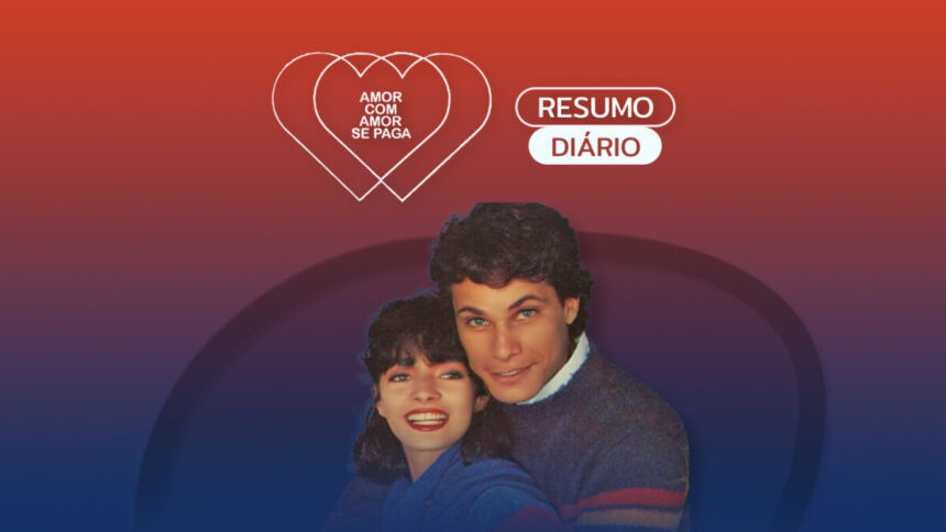 Arte gráfica do resumo diário da novela Amor com Amor se Paga no canal Viva