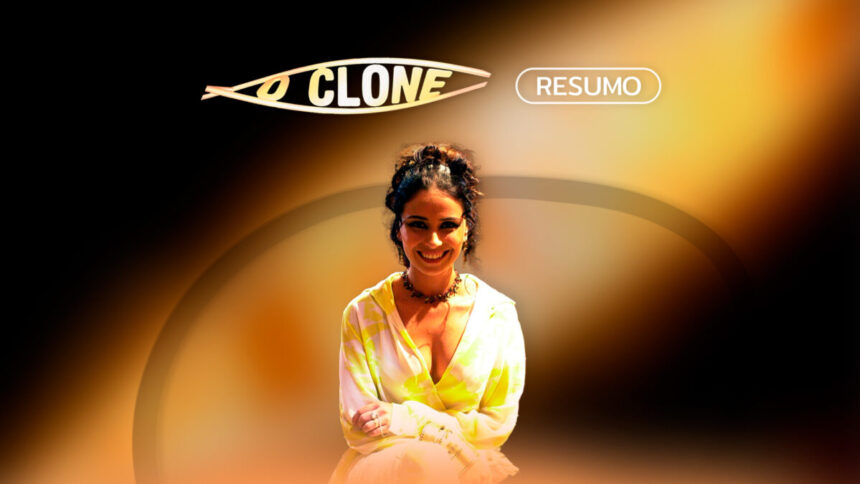 Arte gráfica com o logo do resumo semanal de O Clone e a triz Giovanna Antonelli