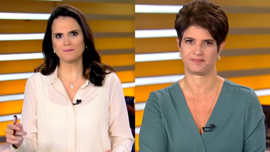 Roberta Piza e Mariana Godoy em uma montagem. Ambas na bancada do Fala Brasil