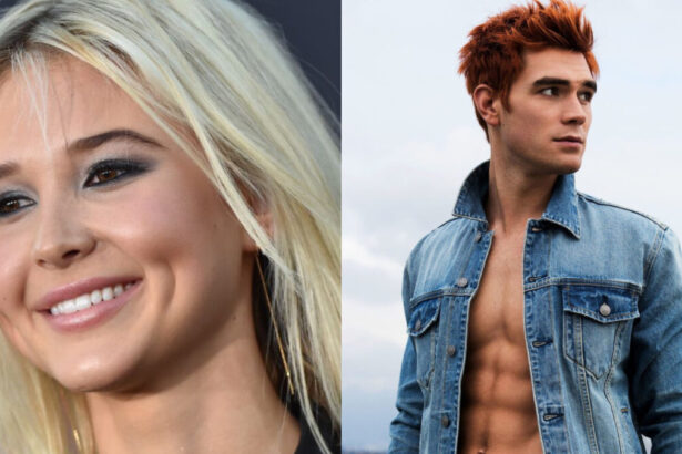 Isabel May sorri e KJ Apa com um olhar sério