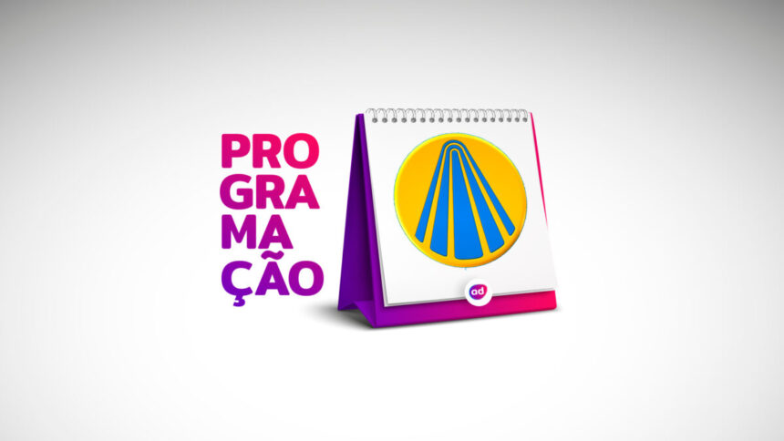 Arte gráfica da programação da TV Aparecida com o logo da emissora em formato de calendário