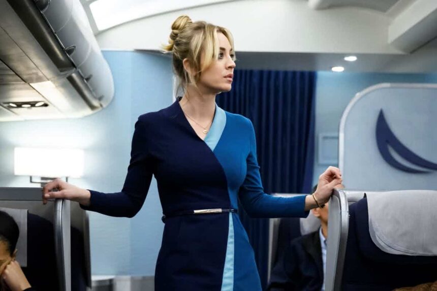 Kaley Cuoco em um avião em cena de The Flight Attendant