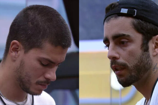 Arthur Aguiar conversa com Pedro scooby no BBB 22 com a cabeça abaixada