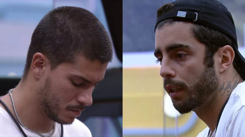 Arthur Aguiar conversa com Pedro scooby no BBB 22 com a cabeça abaixada