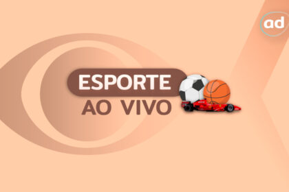 Arte gráfica do esporte ao vivo com o logo da Band, uma bola de futebol, uma bola de basquete e um carro de fórmula 1