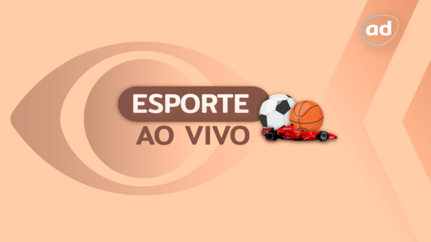 Arte gráfica do esporte ao vivo com o logo da Band, uma bola de futebol, uma bola de basquete e um carro de fórmula 1