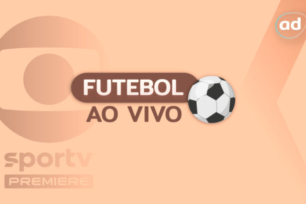 Arte gráfica do futebol ao vivo com o logo da TV Globo, SporTV, Premiere e uma bola de futebol