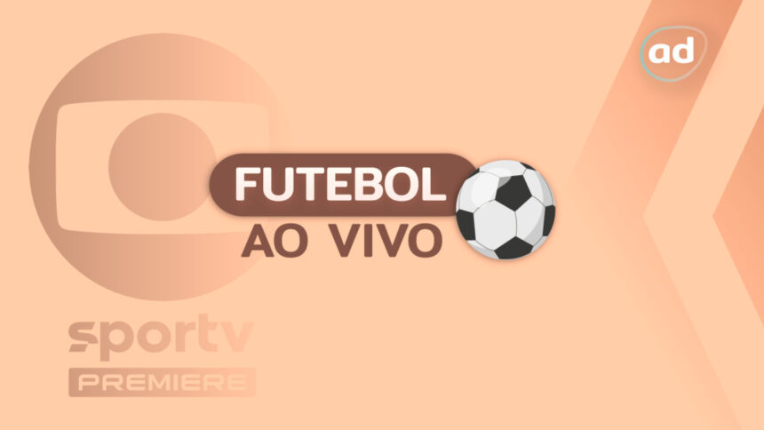 Arte gráfica do futebol ao vivo com o logo da TV Globo, SporTV, Premiere e uma bola de futebol