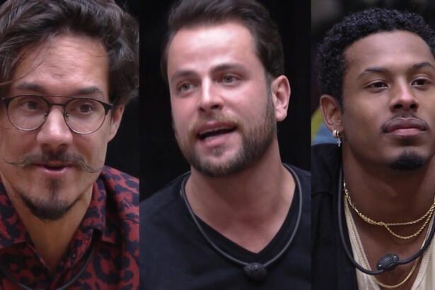 Montagem com Elizer, Gustavo e Paulo André pedindo votos para não serem eliminados do BBB 22