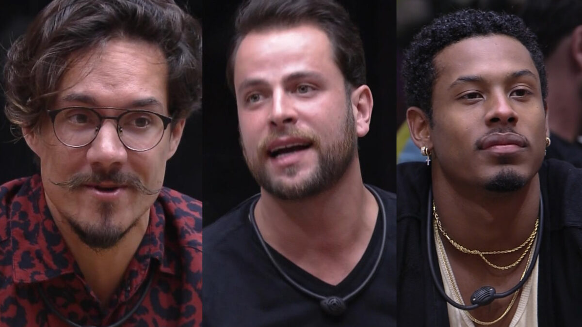 Montagem com Elizer, Gustavo e Paulo André pedindo votos para não serem eliminados do BBB 22