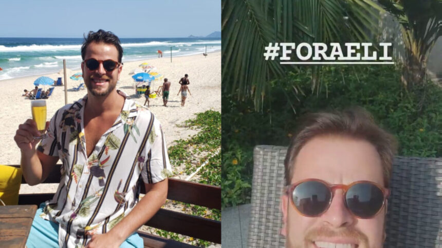 Montagem com fotos de Gustavo na Praia pedindo #ForaEli