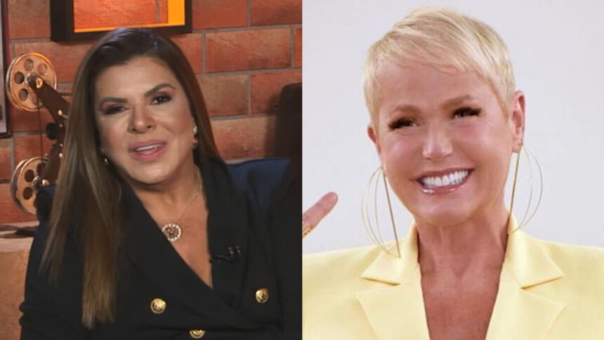 Montagem de fotos com Mara Maravilha no Programa de Todos os Programas e Xuxa fazendo o sinal de vitória com as mãos