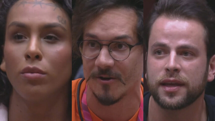 Montagem de fotos com Linn da Quebrada, Eliezer e Gustavo, os três estão sentados no sofá da casa do BBB 22