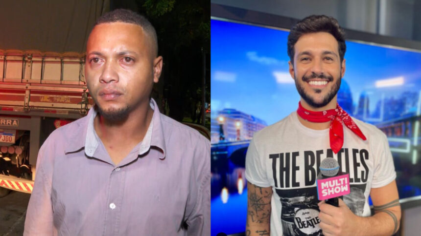 Kaique Reis concede entrevista para o Hora Um em frente ao caminhão onde bateu o carro, motorista levava Rodrigo Mussi que aparece na segunda imagem segurando o microfone do Multishow