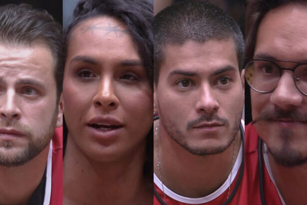 Gustavo, Linn da Quebrada, Arthur Aguiar e Eliezer sentados no sofá do BBB 22