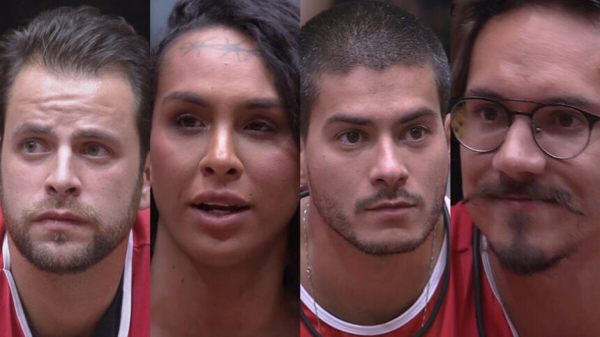 Gustavo, Linn da Quebrada, Arthur Aguiar e Eliezer sentados no sofá do BBB 22