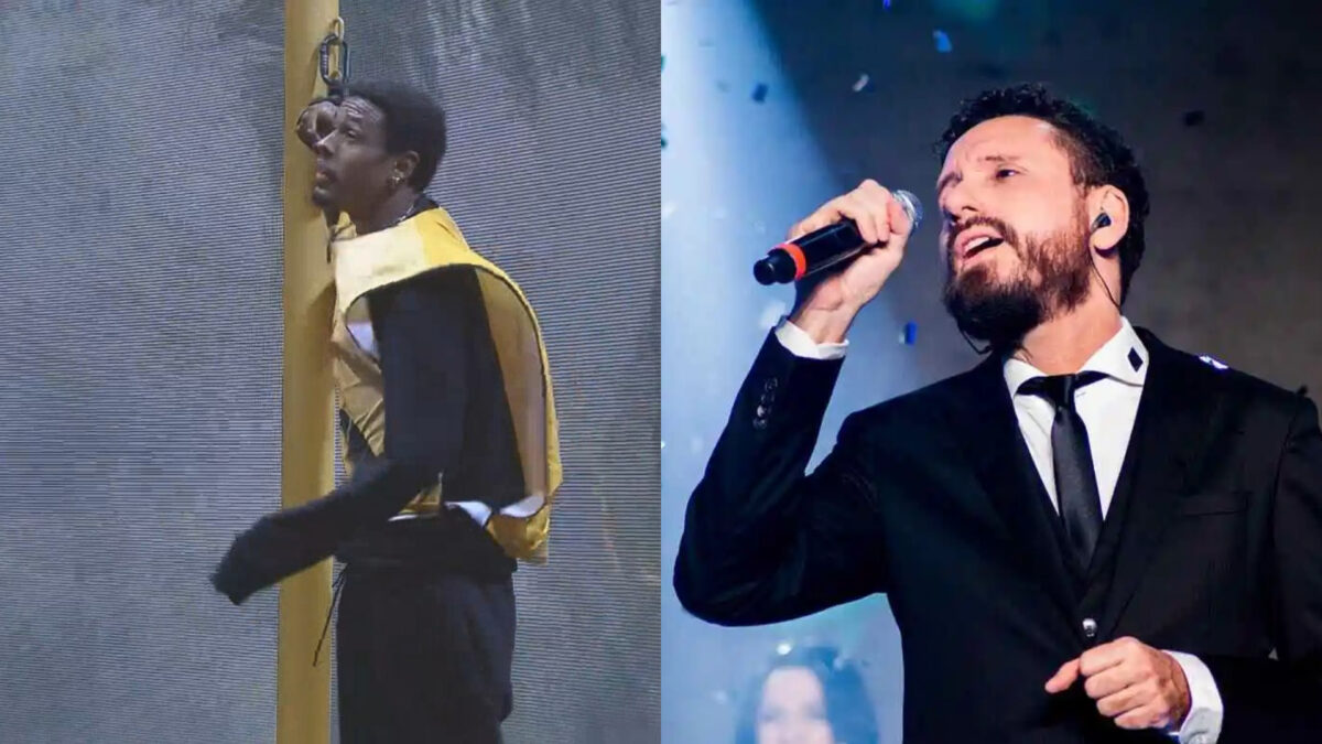 Montagem com fotos de Paulo André cantando na última prova do BBB 22 e Leonardo Gonçalves cantando