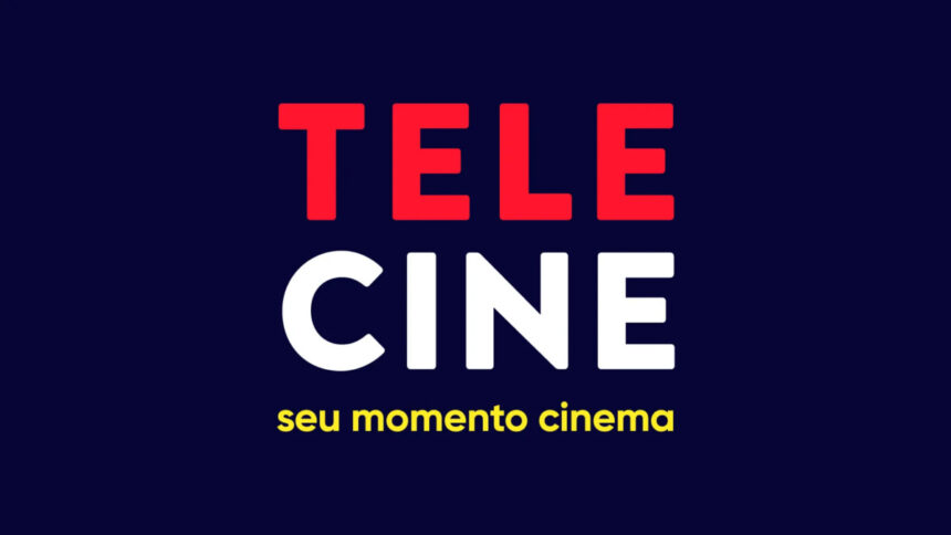 Logo do Telecine, com seu slogan colocado abaixo, em um fundo azul