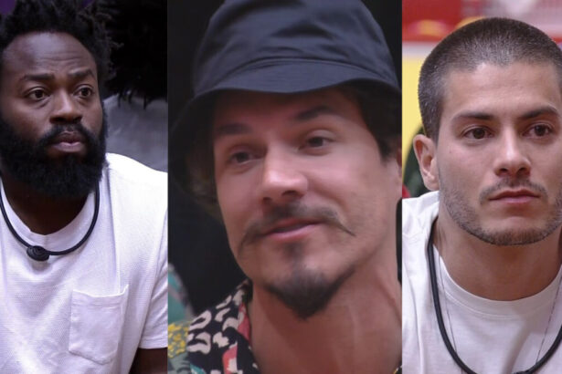 Montagem de fotos com Douglas Silva, Eliezer e Arthur Aguiar pedindo votos para se livrarem do último Paredão do BBB 22