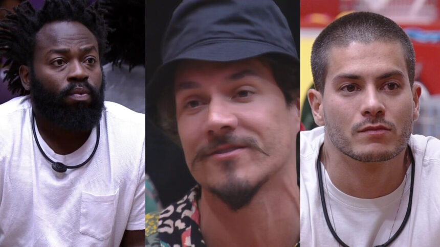 Montagem de fotos com Douglas Silva, Eliezer e Arthur Aguiar pedindo votos para se livrarem do último Paredão do BBB 22